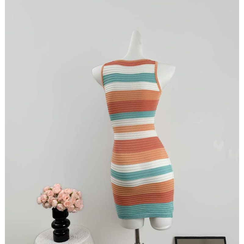 Sling stripe knitted rainbow sexy square collar dress