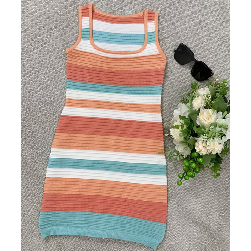 Sling stripe knitted rainbow sexy square collar dress