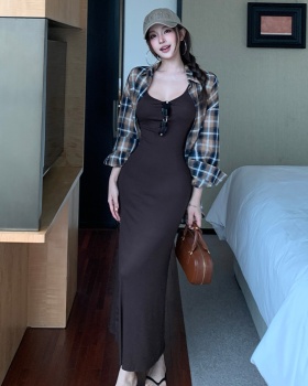 Lazy strap dress autumn shirt 2pcs set for women