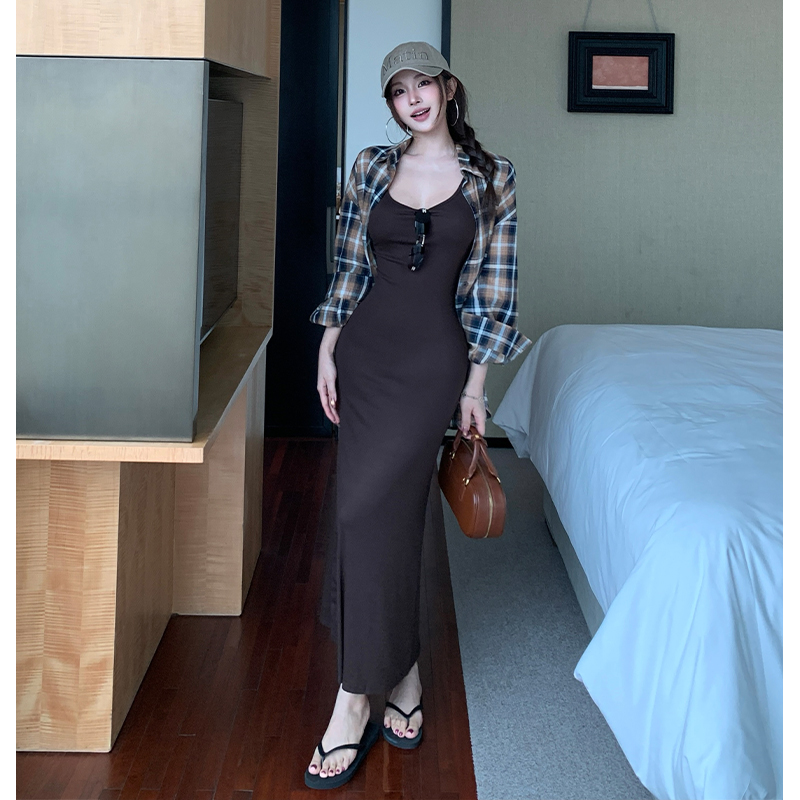 Lazy strap dress autumn shirt 2pcs set for women