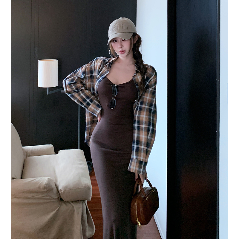 Lazy strap dress autumn shirt 2pcs set for women