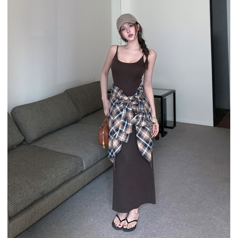 Lazy strap dress autumn shirt 2pcs set for women