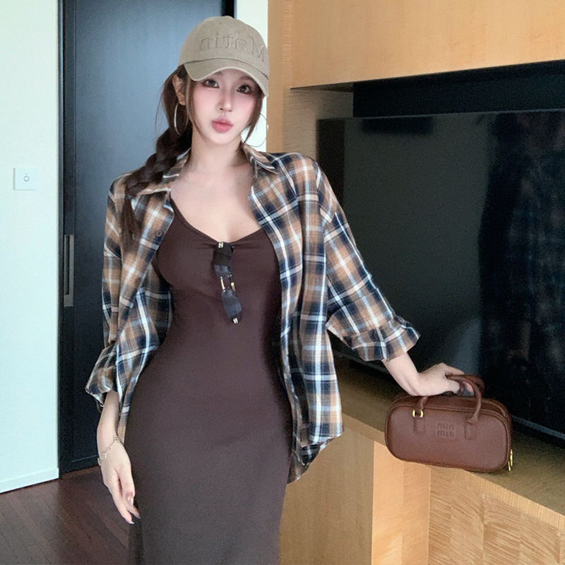Lazy strap dress autumn shirt 2pcs set for women