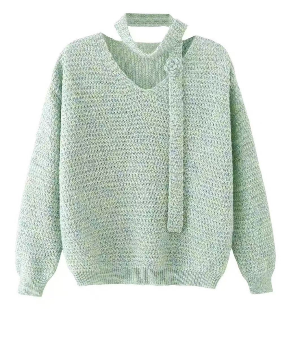 Knitted rose blending streamer lazy V-neck sweater