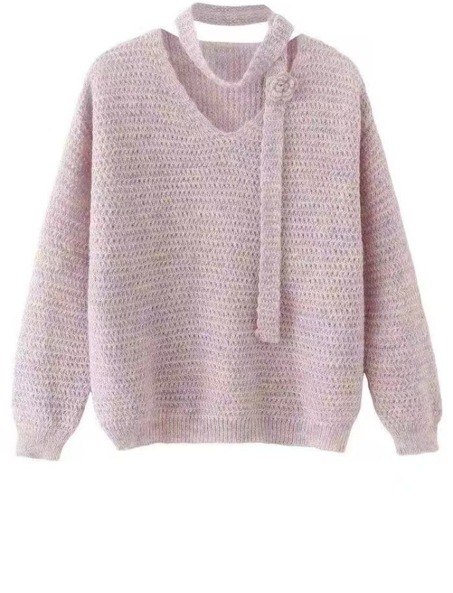 Knitted rose blending streamer lazy V-neck sweater