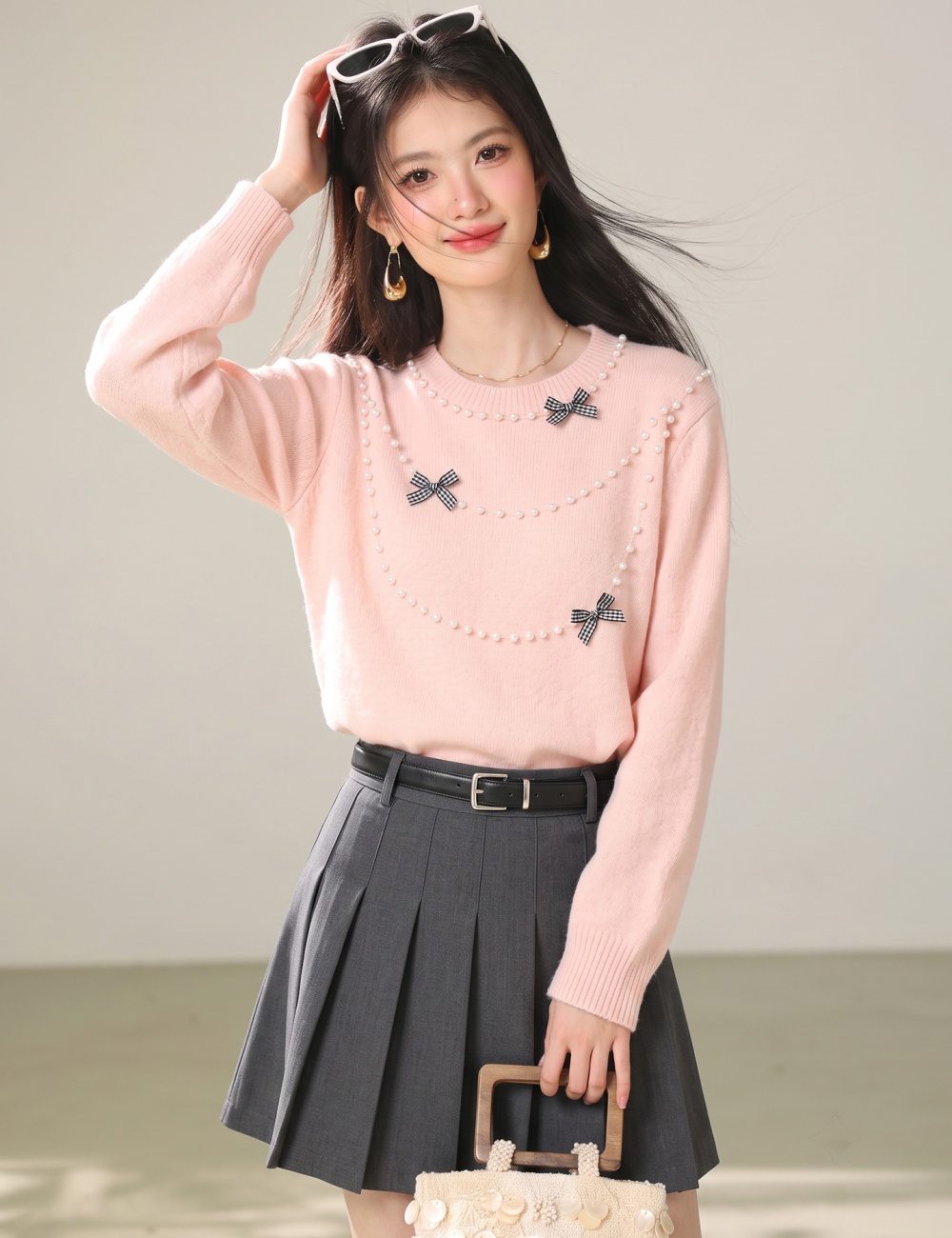 Pullover sweet knitted tender beading sweater for women