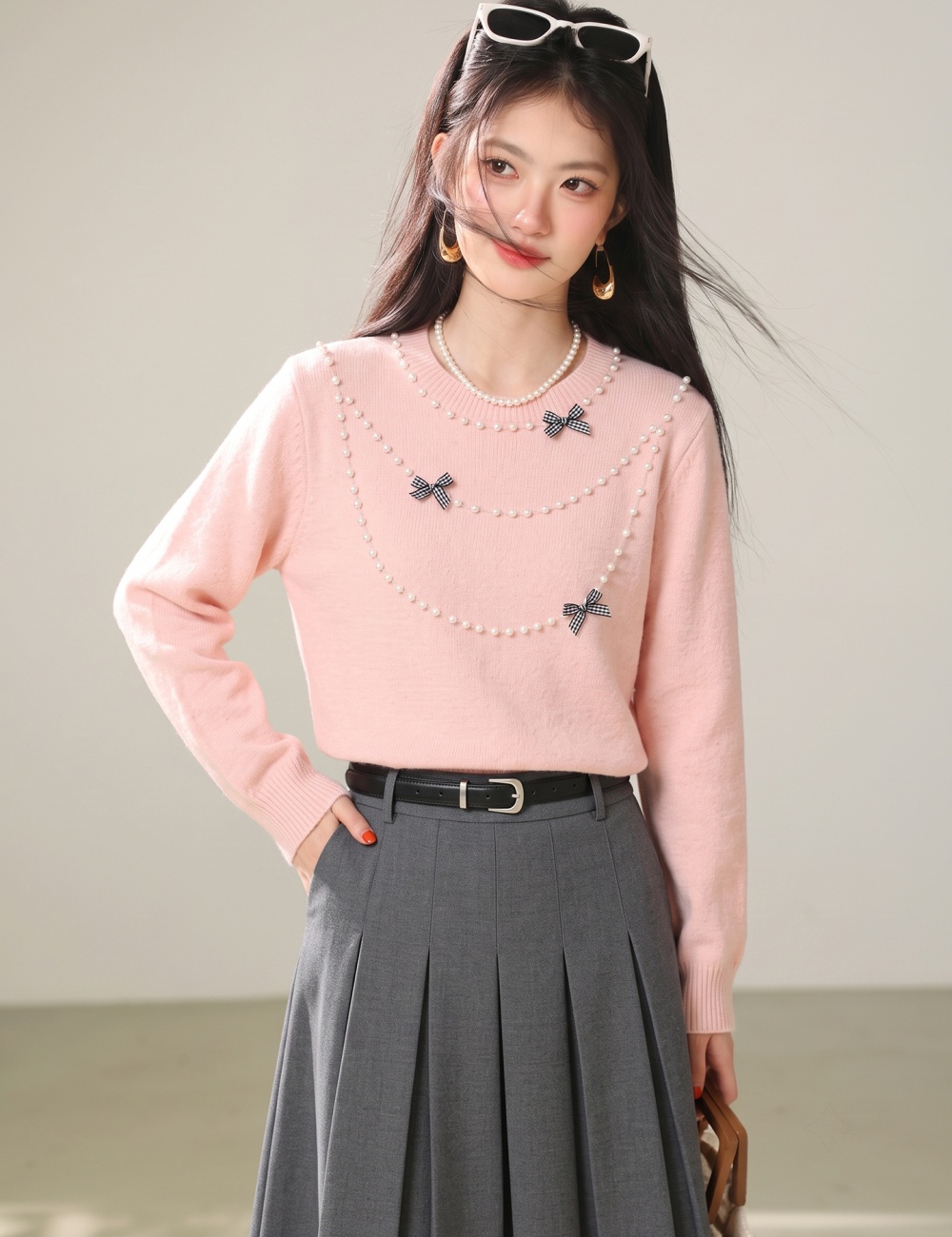 Pullover sweet knitted tender beading sweater for women