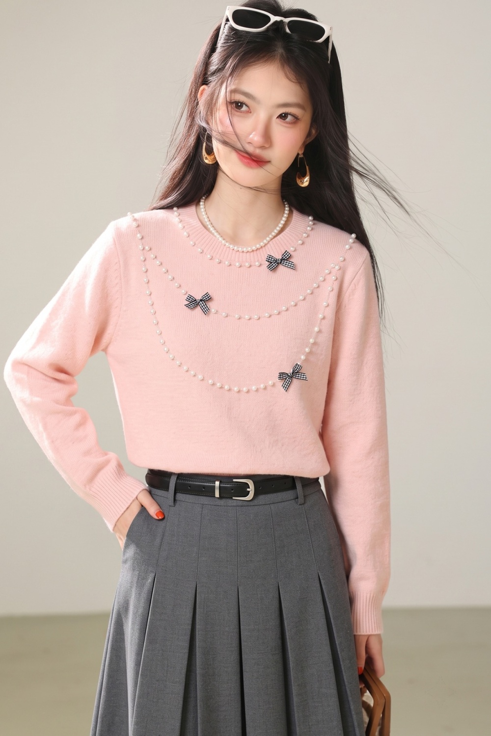 Pullover sweet knitted tender beading sweater for women