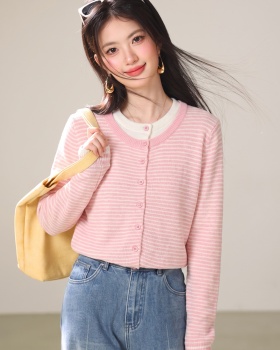 Stripe Casual coat all-match pink cardigan for women