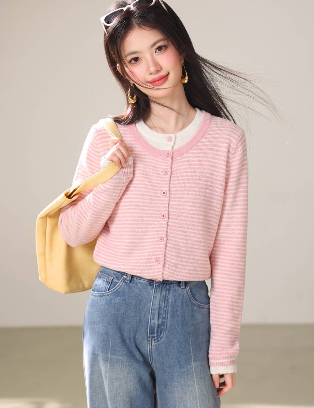 Stripe Casual coat all-match pink cardigan for women