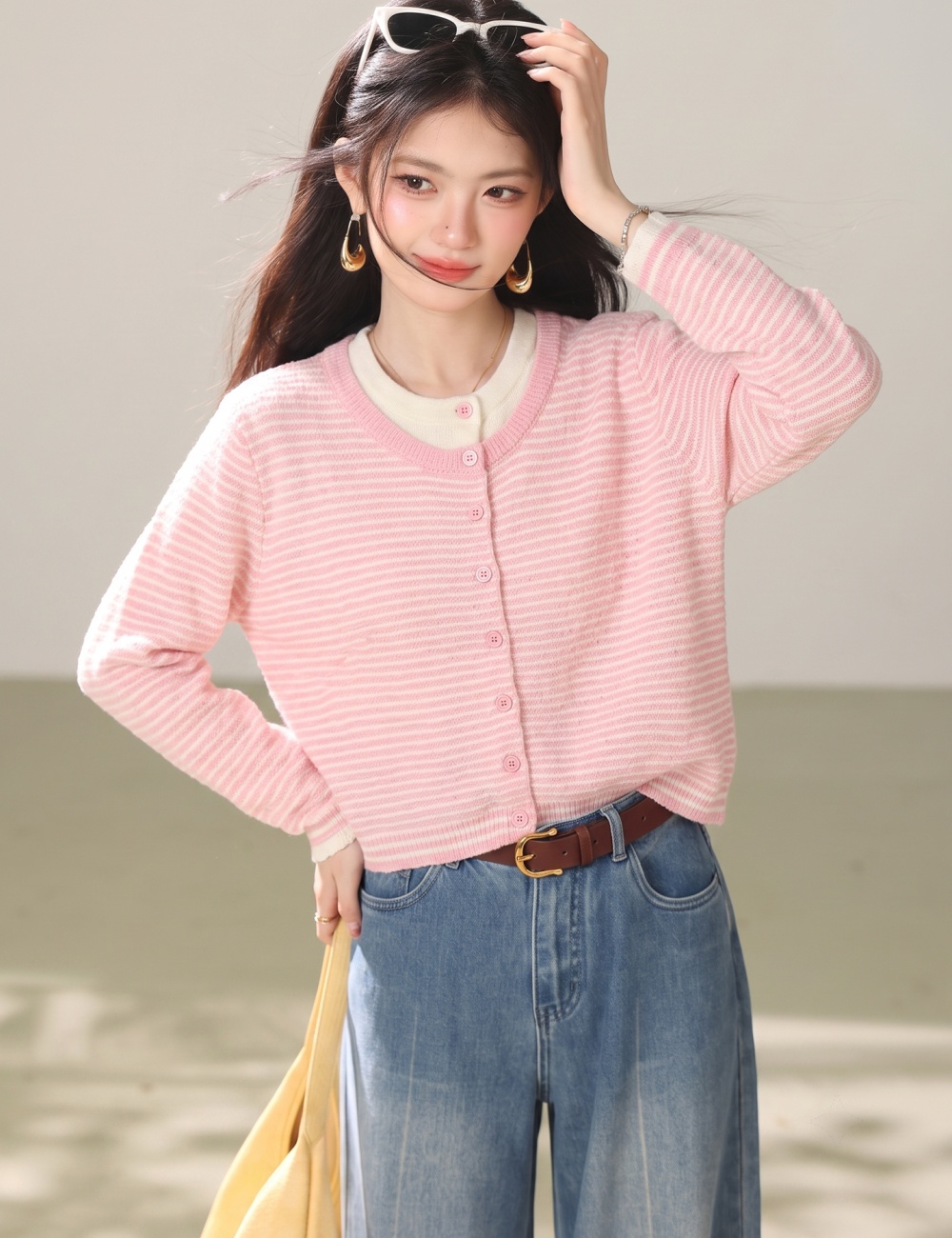 Stripe Casual coat all-match pink cardigan for women