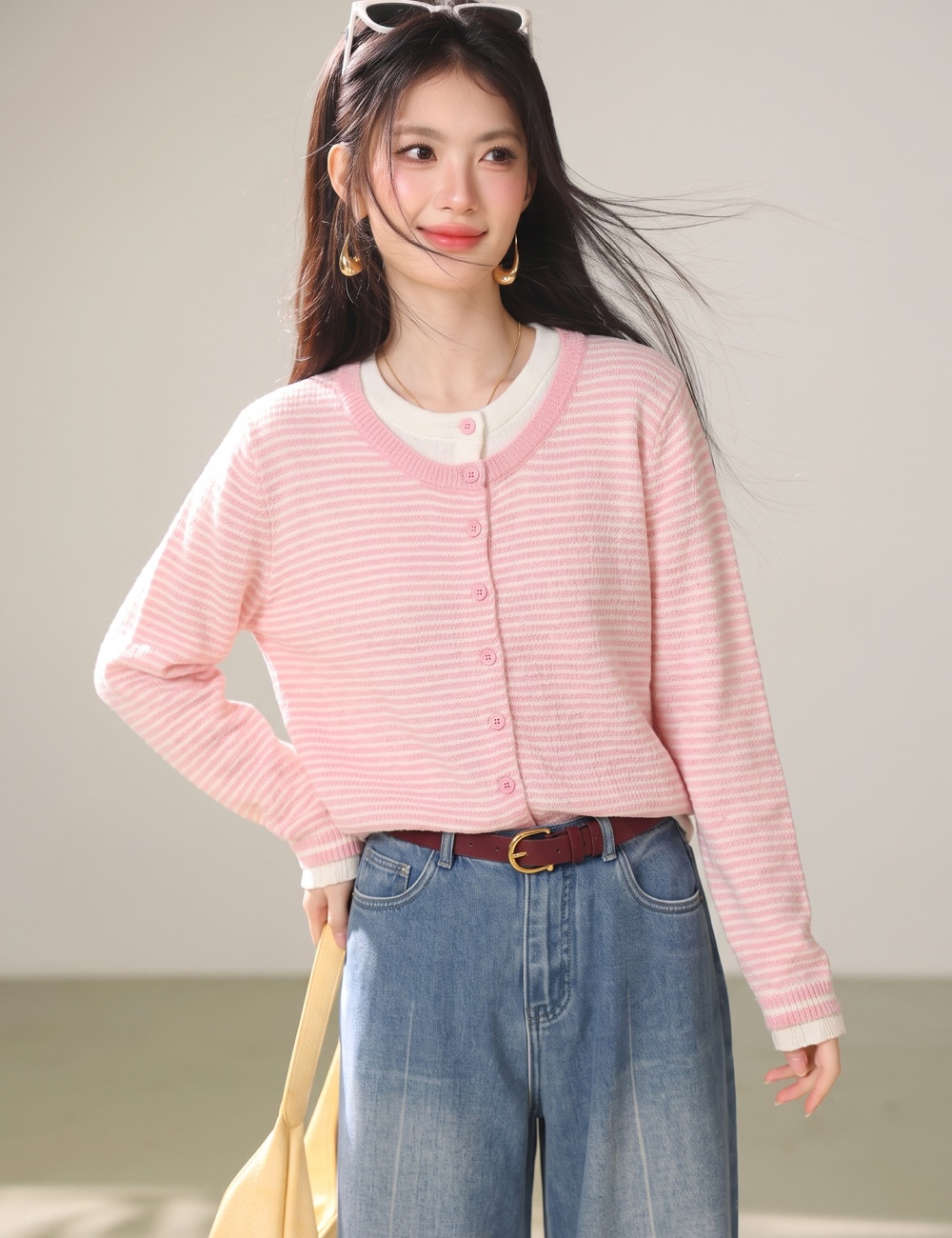 Stripe Casual coat all-match pink cardigan for women