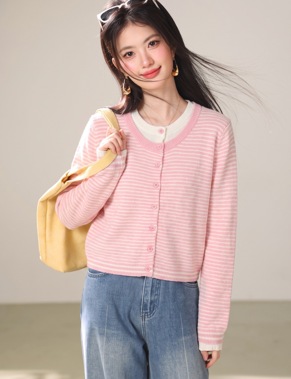 Stripe Casual coat all-match pink cardigan for women