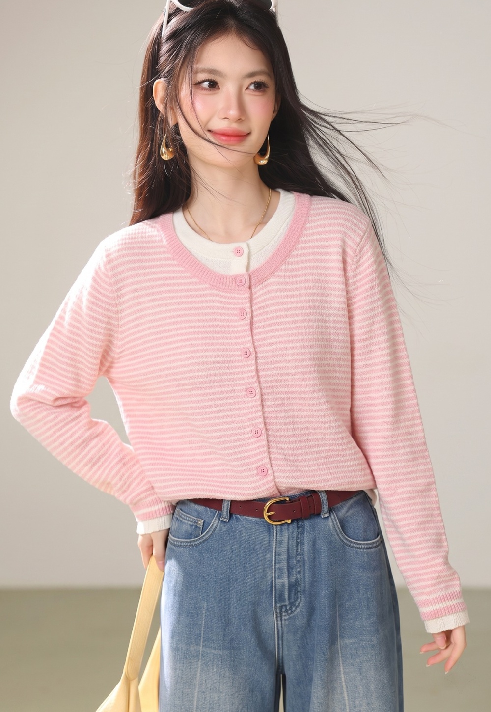 Stripe Casual coat all-match pink cardigan for women