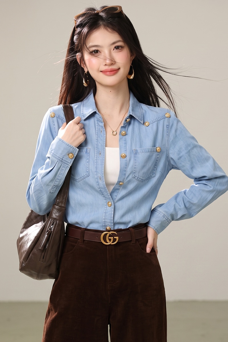 Spring France style shirt blue denim tops for women