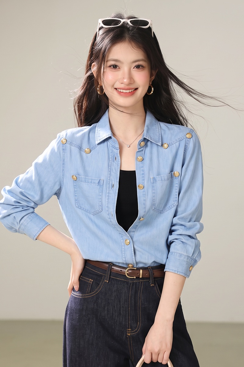 Spring France style shirt blue denim tops for women