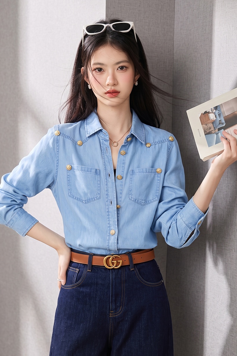 Spring France style shirt blue denim tops for women