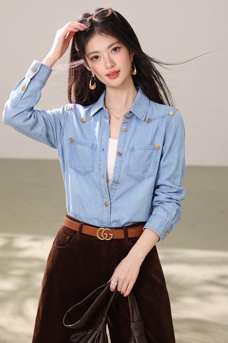 Spring France style shirt blue denim tops for women