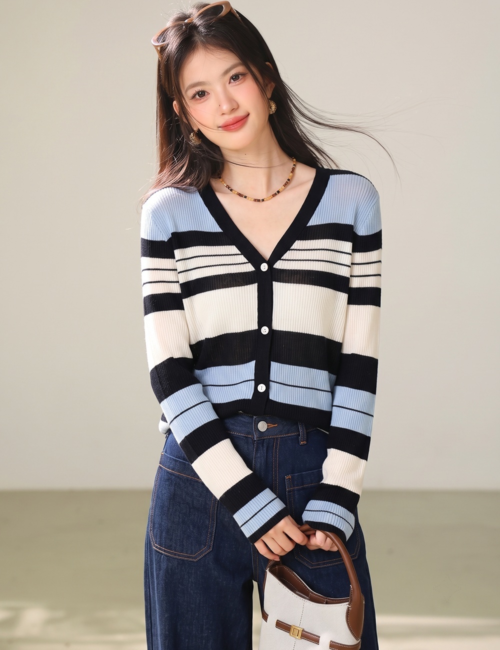 Winter stripe cardigan knitted unique tops