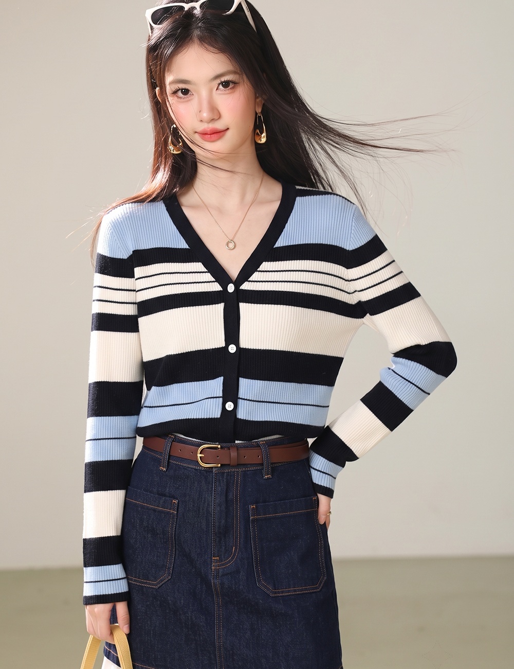 Winter stripe cardigan knitted unique tops