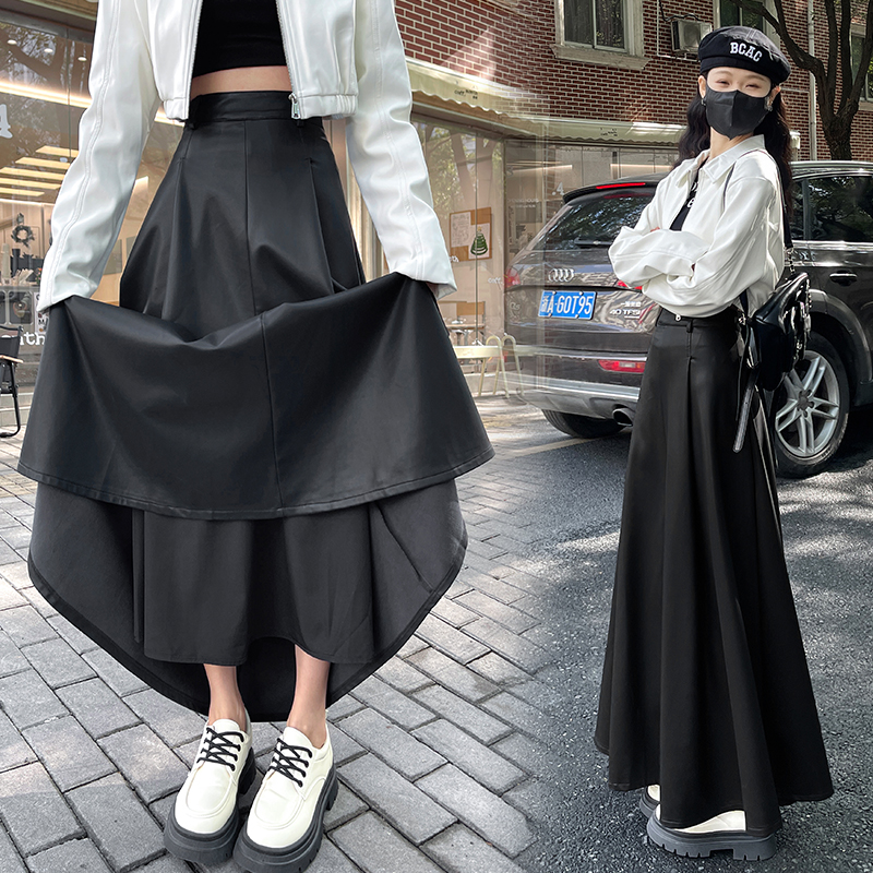 Long A-line skirt retro leather skirt for women