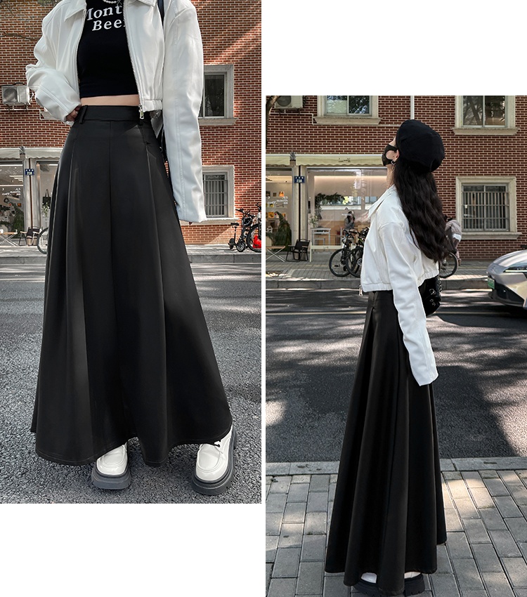 Long A-line skirt retro leather skirt for women