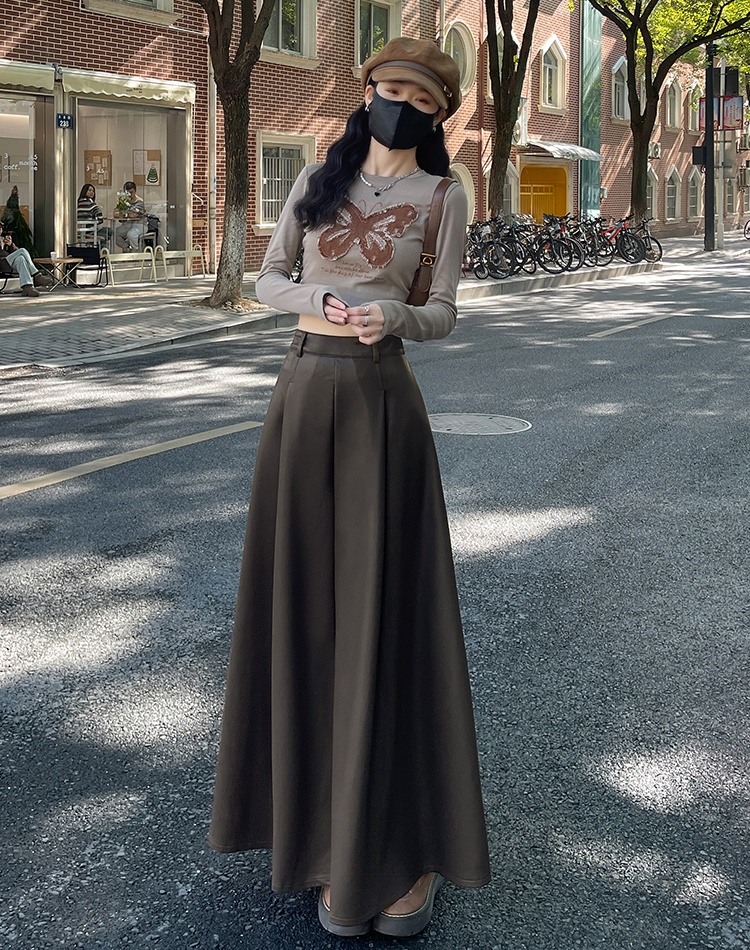 Long A-line skirt retro leather skirt for women
