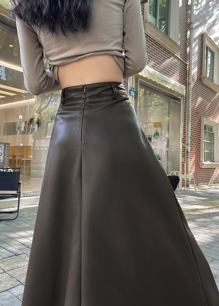 Long A-line skirt retro leather skirt for women
