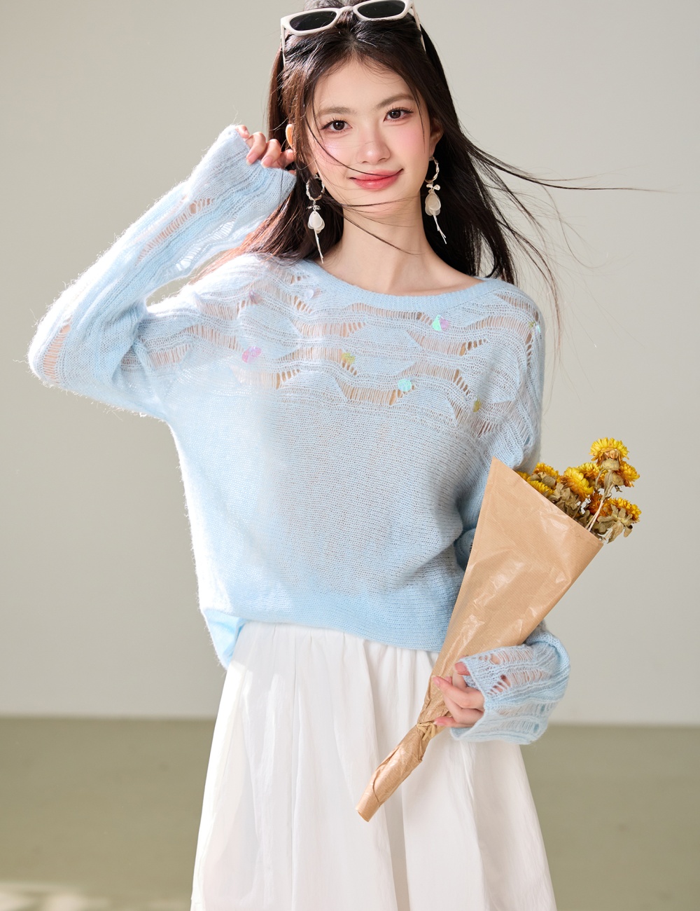 Loose autumn long sleeve hollow sweater for women