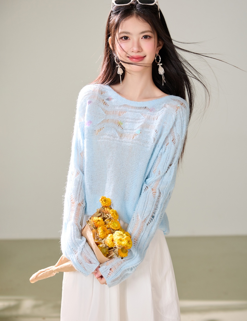 Loose autumn long sleeve hollow sweater for women