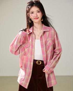 Lapel plaid loose tops art Korean style shirt for women