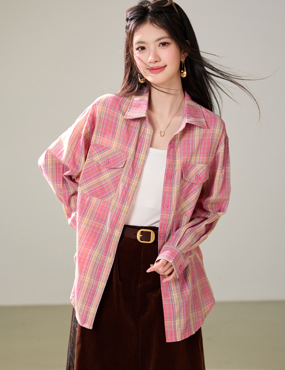 Lapel plaid loose tops art Korean style shirt for women