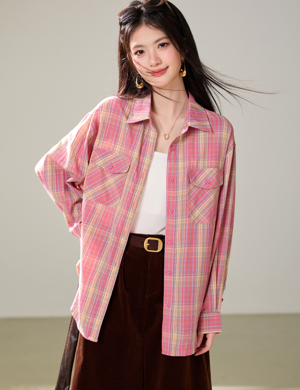 Lapel plaid loose tops art Korean style shirt for women