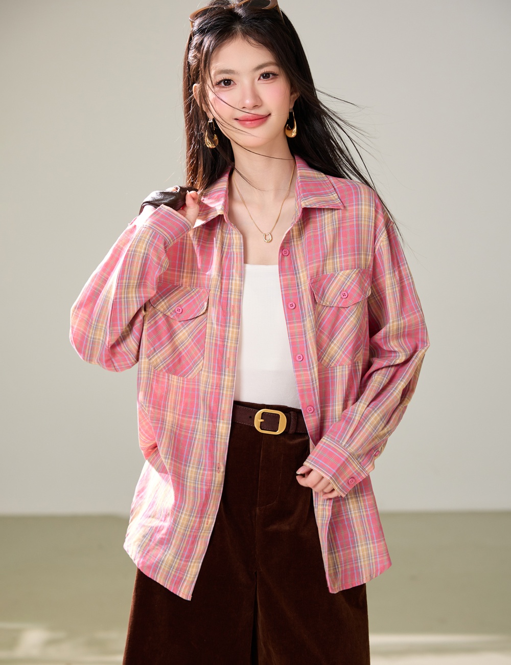 Lapel plaid loose tops art Korean style shirt for women