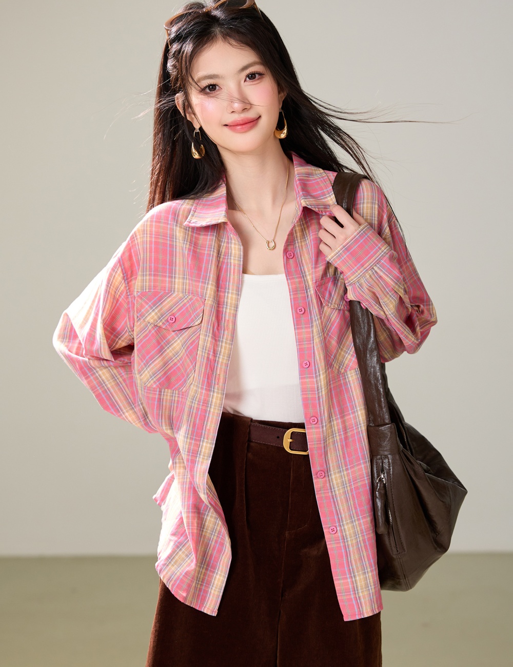 Lapel plaid loose tops art Korean style shirt for women