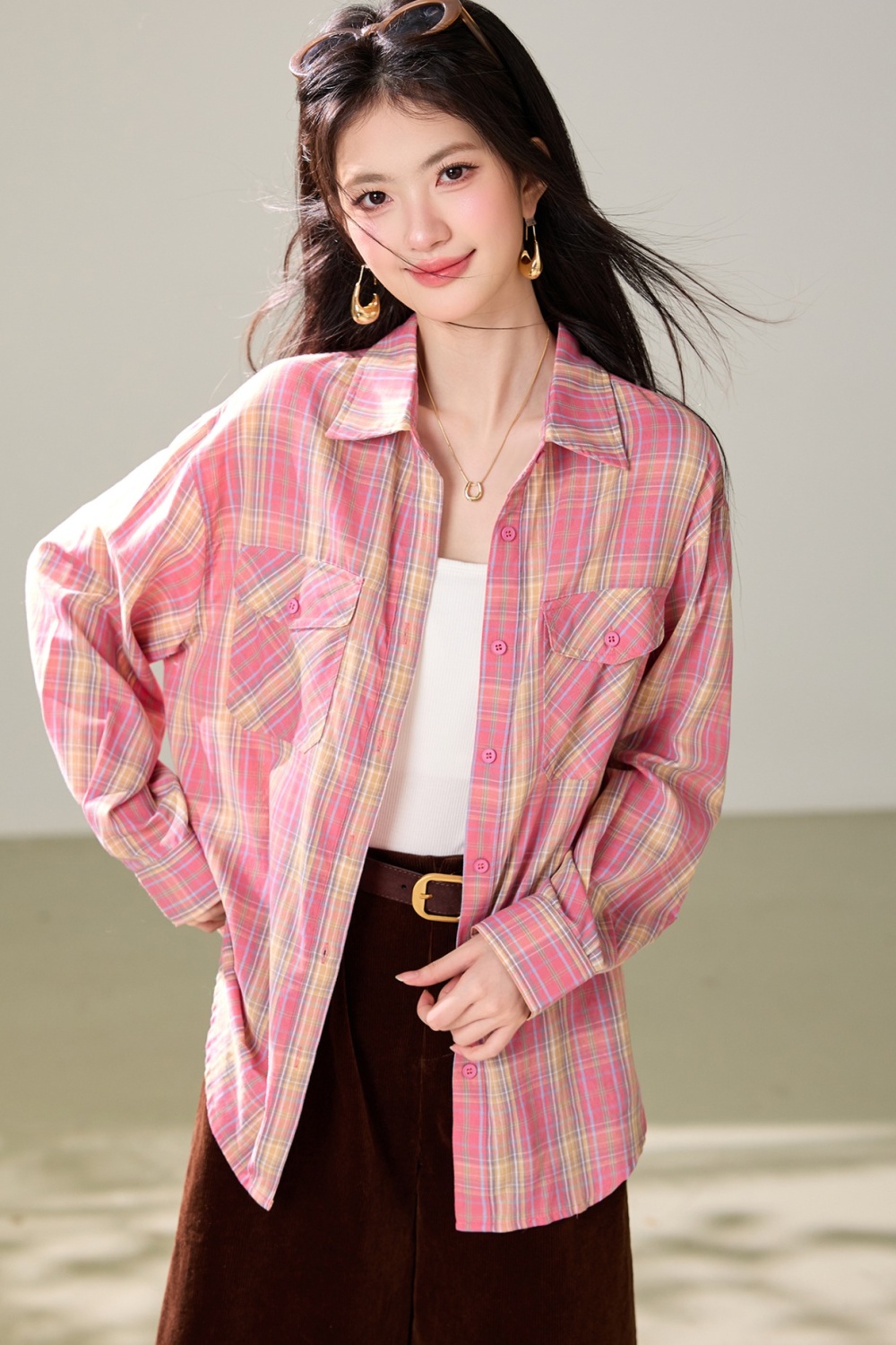 Lapel plaid loose tops art Korean style shirt for women