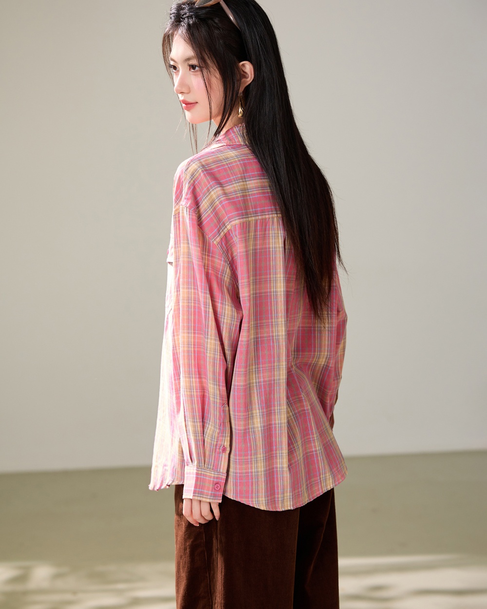 Lapel plaid loose tops art Korean style shirt for women