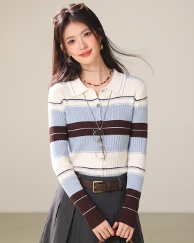 Slim stripe tops elegant France style cardigan for women