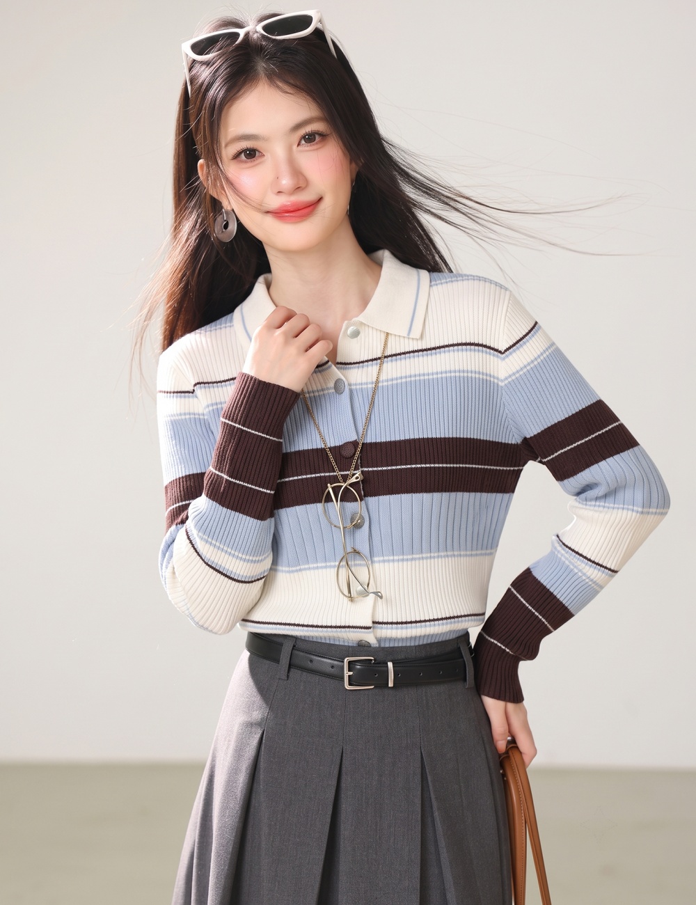 Slim stripe tops elegant France style cardigan for women