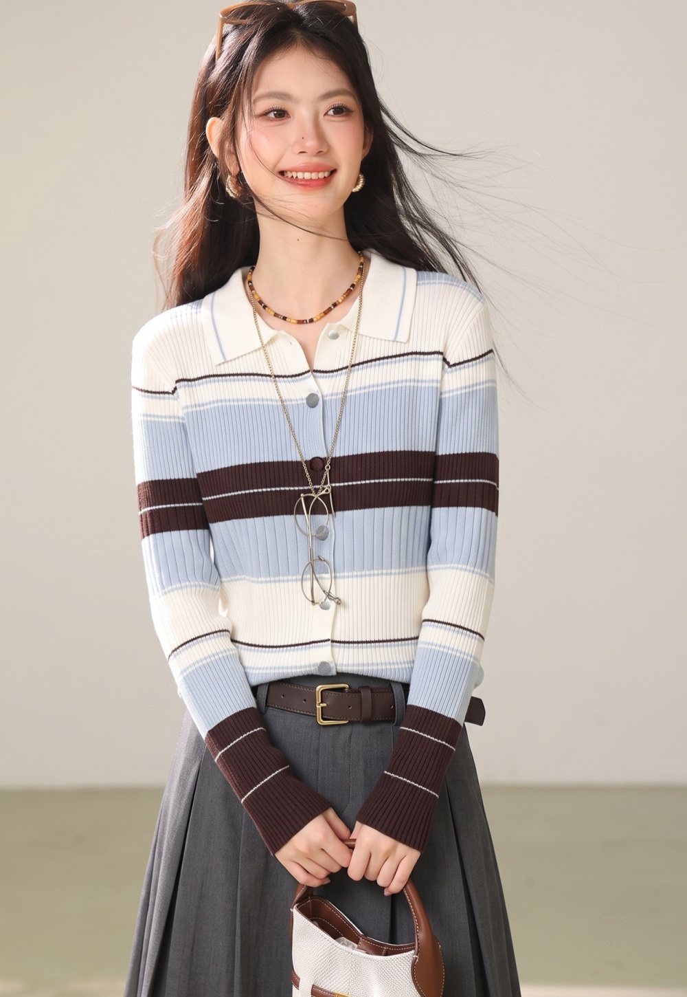 Slim stripe tops elegant France style cardigan for women