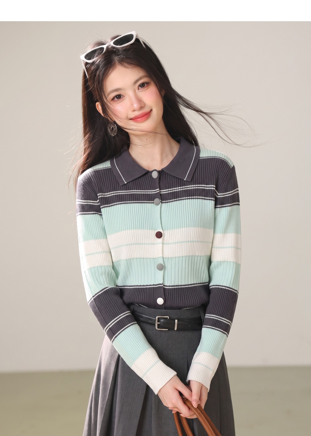 Slim stripe tops elegant France style cardigan for women