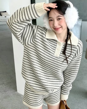 Casual Korean style knitted stripe lazy sweater 2pcs set