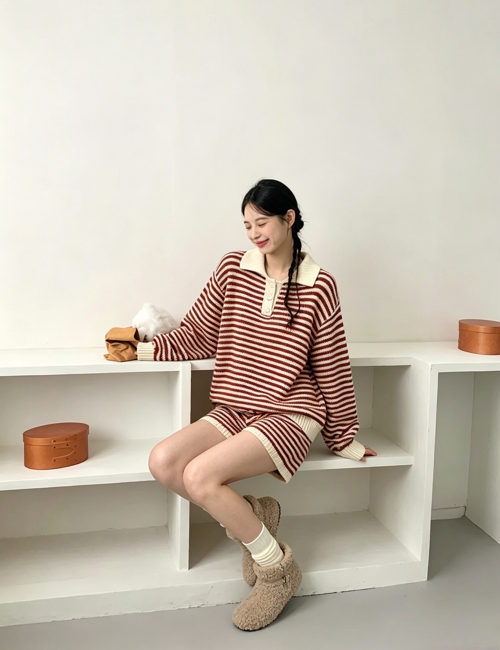 Casual Korean style knitted stripe lazy sweater 2pcs set