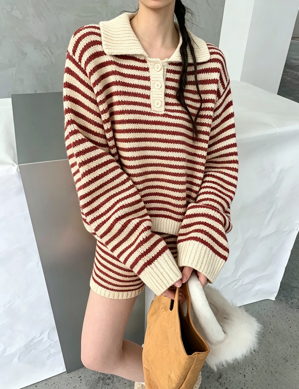 Casual Korean style knitted stripe lazy sweater 2pcs set