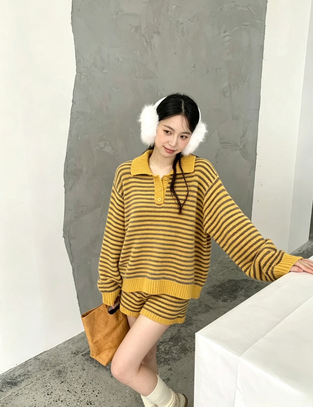 Casual Korean style knitted stripe lazy sweater 2pcs set
