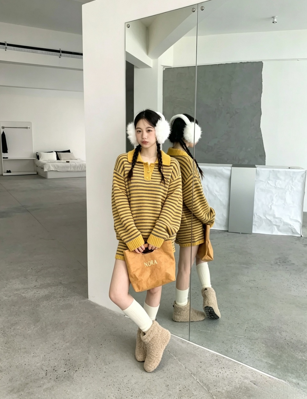 Casual Korean style knitted stripe lazy sweater 2pcs set