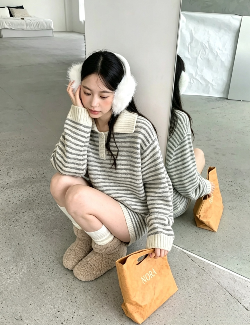 Casual Korean style knitted stripe lazy sweater 2pcs set