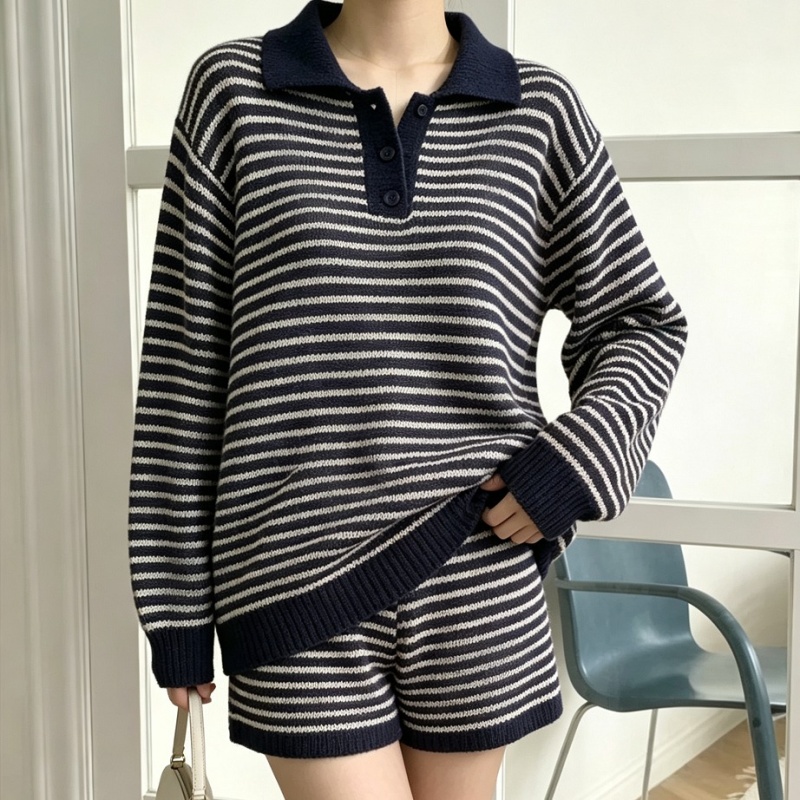 Casual Korean style knitted stripe lazy sweater 2pcs set