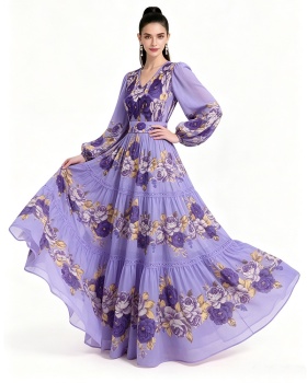 Printing floor length long sleeve dress