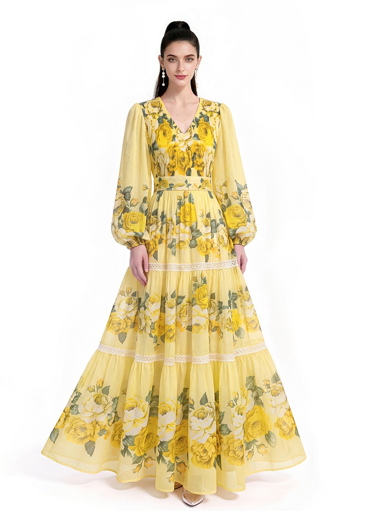 Printing floor length long sleeve dress